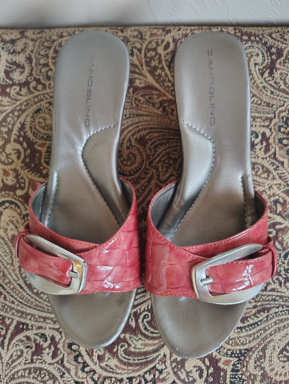 Bandolino Red Croc-Texture Buckle Slide Mules